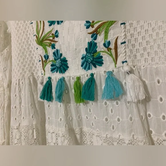 White XS blue island Crochet Tiered Eyelet Lace Embroidery Dress Cover Up Resort - Picture 7 of 13
